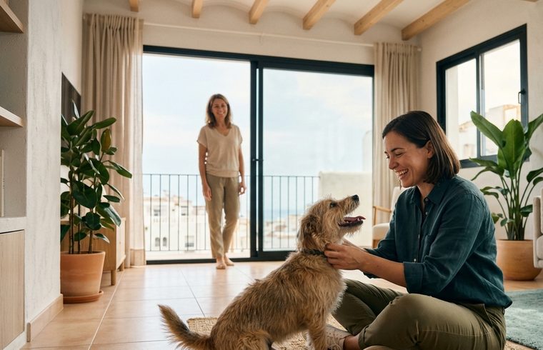 Cuidadora jugando con un perro en el salón de una casa